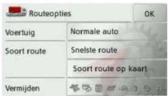 Routeopties OK Voertuig Normale auto Soort route Snelste route Soort route op kaart Vermijden