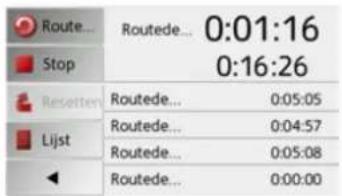 Route... Routede... 0:01:16 Stop 0:16:26 Resetten Routede... 0:05:05 Lijst Routede... 0:04:57 Routede... 0:05:08 Routede... 0:00:00
