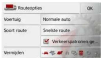 Routeopties Voertuig Normale auto Soort route Snelste route Verkeerspatronen ge... Vermijden