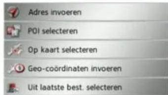 Adres invoeren POI selecteren Op kaart selecteren Geo-coördinaten invoeren Uit laatste best. selecteren