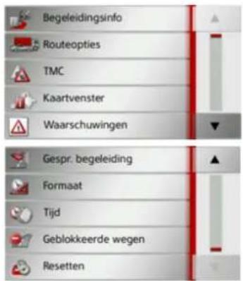 Begeleidingsinfo Routeopties TMC Kaartvenster Waarschuwingen Gespr. begeleiding Formaat Tijd Geblokkeerde wegen Resetten