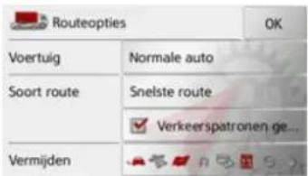 Routeopties Voertuig Normale auto Soort route Snelste route Verkeerspatronen ge... Vermijden