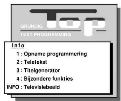 GRUNDIG TEXT-PROGRAMMING Info 1 : Opname programmering 2 : Teletekst 3 : Titelgenerator 4 : Bijzondere funkties INFO : Televisiebeeld