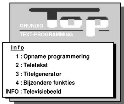 GRUNDIG TEXT-PROGRAMMING Info 1 : Opname programmering 2 : Teletekst 3 : Titelgenerator 4 : Bijzondere funkties INFO : Televisiebeeld
