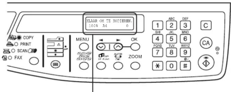 KLAAR OK TE XOQIBREN. 100% A4 0 MENU OK PQRS TUV WXYZ 7 8 9 ZOOM * 0 # COPY PRINT SCAN FAX GHI JKL MNO C CA