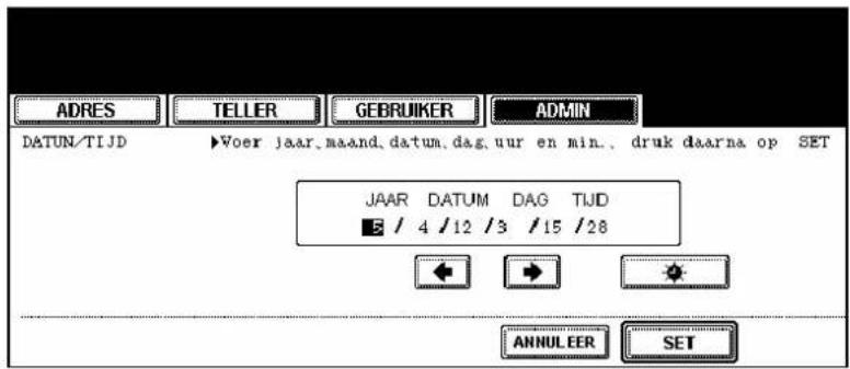 ADRES TELLER GEBRUIKER ADMIN DATUN/TIJD ►Voer jaar, maand, datum, dag, uur en min. , druk daarna op SET JAAR DATUM DAG TIJD ■ / 4 /12 /3 /15 /28 ANNULEER SET