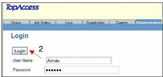 TopAccess Device Job Status Loos Restration Counter Administration Login Login User Name Admin Password **********
