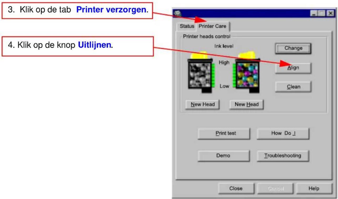 3. Klik op de tab Printer verzorgen. 4. Klik op de knop Uitlijnen. Status Printer Care Printer heads control Ink level Change High Align Low Clean New Head New Head Print test How Do ↓ Demo Troubleshooting Close Cancel Help