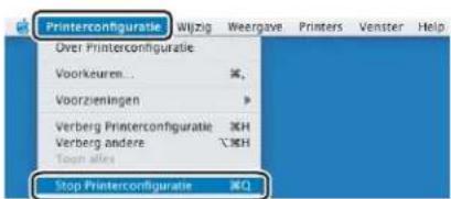 Printerconfiguratie Wijzig Weergave Printers Venster Help Over Printerconfiguratie Voorkeuren... Voorzieningen Verberg Printerconfiguratie Verberg andere Toon alles Stop Printerconfiguratie