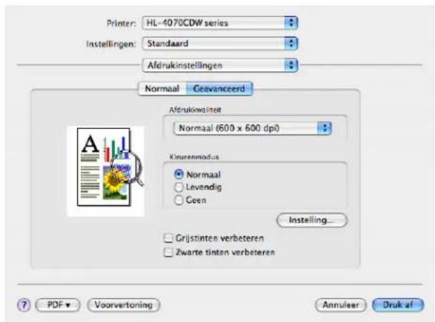 Printer: HL-4070CDW series Instellingen: Standaard Afdrukinstellingen Normaal Geavanceerd Afdrukwaliteit Normaal (600 x 600 dpi) Kleuremodus Normal Levendig Geen Instelling... Grijstinten verbeteren Zwarte tinten verbeteren ? PDF ▼ Voorvertoning Annulcer Druk af