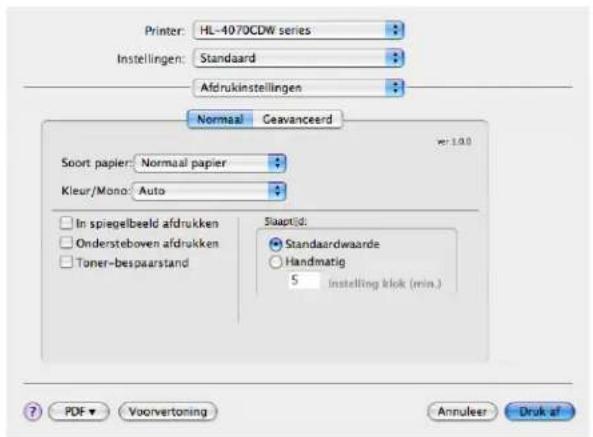 Printer: HL-4070CDW series Instellingen: Standaard Afdrukinstellingen Normal Geavanceerd Soort papier: Normal papier Kleur/Mono: Auto In spiegelbeeld afdrukken Onderstebowen afdrukken Toner-bespaarstand Slaaptijd: Standaardwaarde Handmatig 5 instelling klok (min.) PDF Voorvertoning Annuleer Druk af