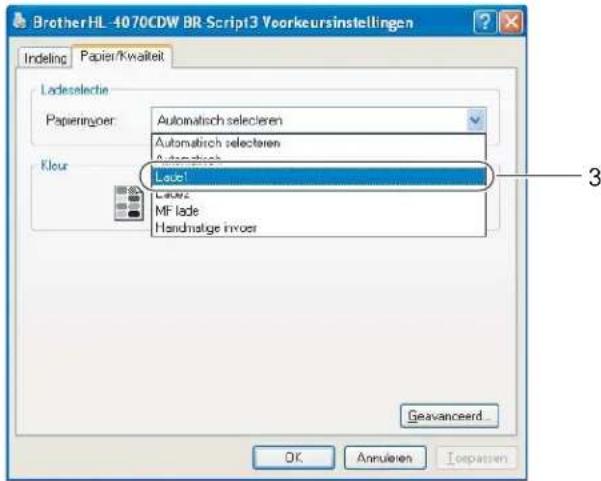 Brother HL-4070CDW BR Script3 Voorkeursinstellingen Indeling Papier/Kwaliteit Ladeselectie Papieringer: Automatisch selectieren Automatisch selectieren Kleur: Lade! MFLade Handmatige invoer Geavanceerd... OK Annularen Impassien