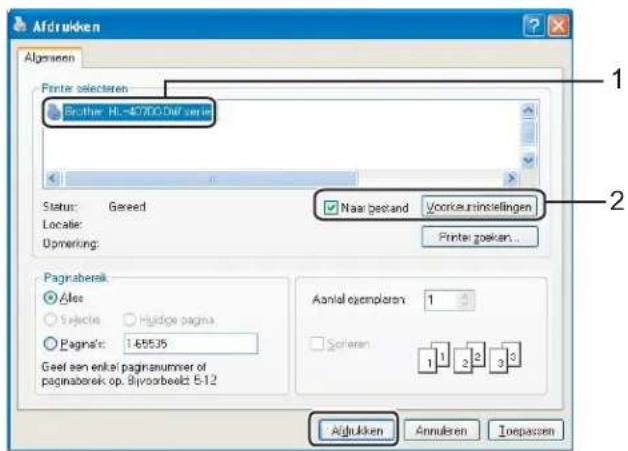 Afdrukken Algemeen Printer selectoren Brother HL-40700.Dw series Status: Gereed Locatie: Upmerking: Naar bestand Voorkeurinsselingen Printer goeken... Pagraberek ✓ Les ○ Selectie: Huidge pagina ○ Pages/t: 1.65535 Geel een enkel pagesnummer of pagesaberek op. Bijvoorbeeld 5-12 Aantal ejemplaren: 1 □ Scieren: 1 1 2 3 5 Afdrukken Annulsen Toepassen