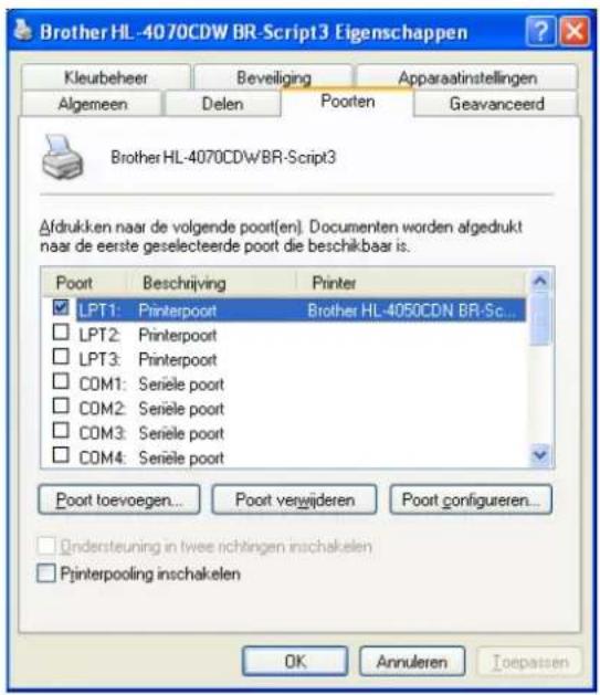 Brother HL-4070CDW BR-Script3 Eigenschappen Kleurbeheer Beveiliging Apparaatinstellingen Algemeen Delen Pooten Geavanceerd Brother HL-4070CDW/BR-Script3 Afdrukken naar de volgende poort(en). Documenten worden afgedrukt naar de eerste geselecteerde poort die beschikbaar is. Poort Beschrijving Printer LPT1: Printerpoort Brother HL-4050CDN BR-Sc... LPT2: Printerpoort LPT3: Printerpoort COM1: Seriele poort COM2: Seriele poort COM3: Seriele poort COM4: Seriele poort Poot toevoegen... Poot verwijderen Poot configureren... Ondersteuning in twee nichtingen inschakelen Pjinterpooling inschakelen OK Annuleren Toepatten