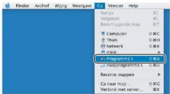 Finder Archief Wijzig Weergave Ga Venster Help Vorige Volgende Bovenliggende map Computer Thuis Netwerk iack Programma's Huipprogramma s Recente mappen Ga naar map... Verbind met server...