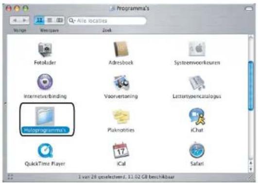 Programma's Vangir Wetspare Zook Fotolader Adresboek Systeenwoortkeures Internetverbinding Voorvertoning Lettertypencatalogus Multiprogramma Plaknotities iChat QuickTime Player iCal Safari 1 van 28 geselechtend, 11.02 GB beschikbaar