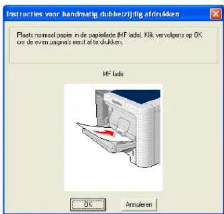 Instructies voor handmatig dubbelzijdig afdrücken Plots nameel papier in de papierlade (MF lade). Klik vervolgens op OK on de even pagina's eesat of te duken. MF lado OK Annulaten
