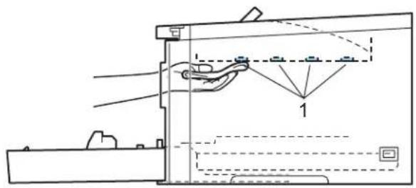 Technical diagram showing a mechanical assembly with labeled component '1' and dashed alignment lines