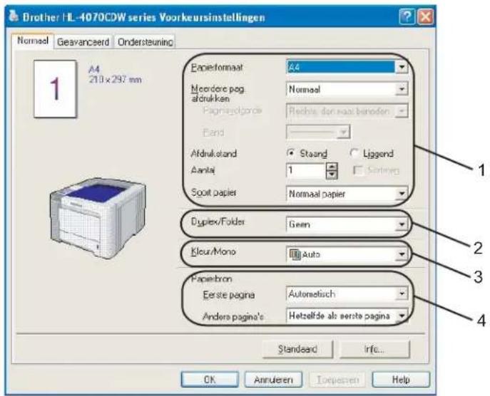 Brother HL-4070CDW series Voorkeursinstellingen Normal Geavanceerd Ondersteuning A4 210 x 297 mm Epaiedormaat A4 Nordere pog afdrukken Normal Papieregorde Rechte den maar behoden Band Afdrukstand Staand Ligend Aantal 1 Sorting Soot papier Normal papier Duplex/Folder Geen Kleur/Mono Auto Paperbron Eerste pagina Automatisch Andere pagina's Hetzelfde als eerste pagina Standard Info... OK Annuleren Toepesen Help