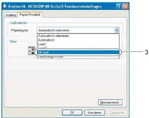 Brother HL 4070CDW BR Script3 Yearkeursinstellingen Indeling Papier/Kwaliteit Ladeselectie Papieringoer: Automatisch selecieren Kleur: Automatisch selecieren Automatisch Lade1 MF lade 3 Geavanceerd... OK Annulien Iospassen