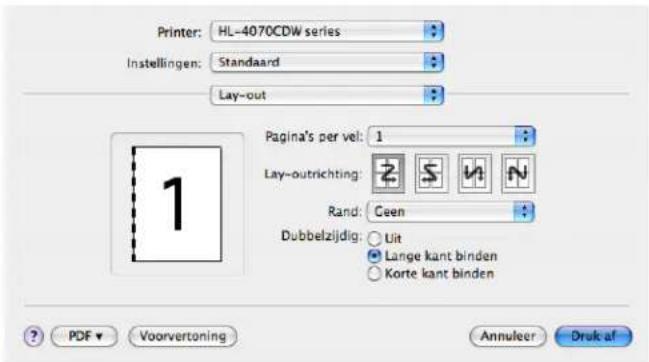 Printer: HL-4070CDW series Instellingen: Standaard Lay-out Pagina's per vel: 1 Lay-outrichting: Rand: Ceen Dubbelzijdig: Uit Lange kant binden Korte kant binden PDF Voorvertoning Annulcer Druk af
