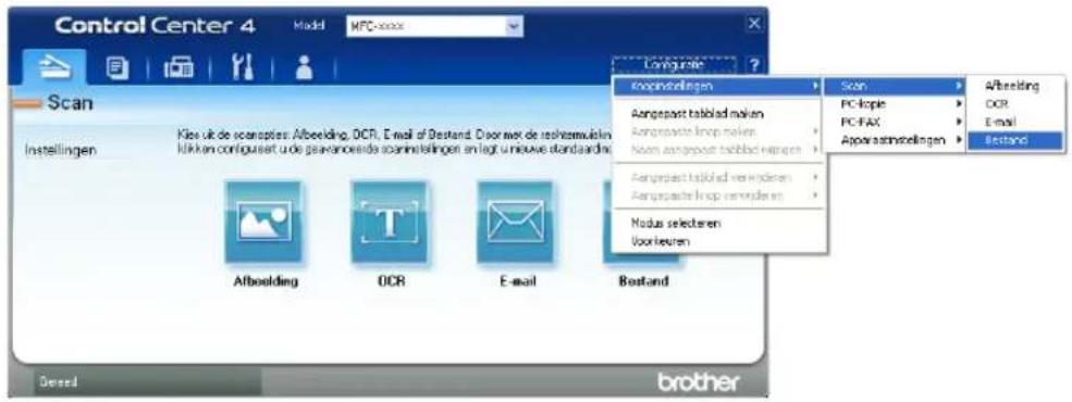 Control Center 4 Model MFC-xxx Scan Instellingen Klos uit de scanningtes: Albeelding, OCR, E-mail of Bestand. Door met de rechymusiken klikken configuert ude pavanoeside scanningstellingen en lagt un nieuwe standarding Afbbeelding OCR E-mail Bestand Scan PC-Iople PC-FAX Apparastinstellingen Afbbeelding OCR E-mail Bestand Dereed brother