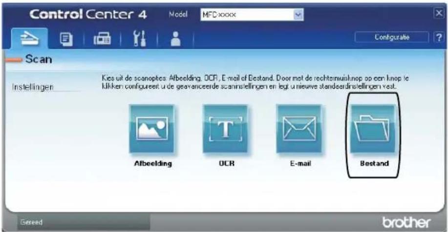 Control Center 4 Model MFCxxxx Scan Instellingen Kes uit de scoopties: Afbeelding, OCR, E-mail of Bestand. Door met de rechtemuisknop op een knop te lijken configurest u de gevanzeerde scanningstellen en legt u nieuwe standeordinstellingen rest. Afbeelding OCR E-mail Bestand Gereed brother