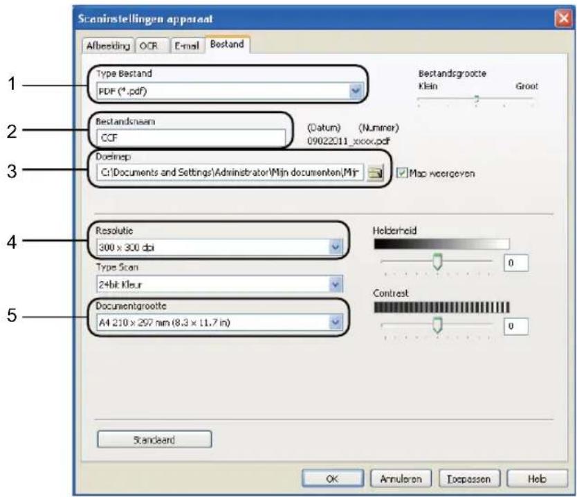 Scaninstellingen apparaat Afbeding OCR E-mail Bestand 1 Type Bestand PDF (*.pdf) 2 Bestandsname CCF (Datum) (Numiner) 09022011_xxxx.pdf 3 Doelinep C:\Documents and Settings\Administrator\Mijn documenten\Mjr Map overgeven 4 Resolutie 300 x 300 dpi 5 Type Scan 24bit Kleur Documentgrootte A4 210 x 297 mm (8.3 x 11.7 in) Standard Bestandsgroote Klein Groot Holderheid 0 Contrast 0 OK Annularen Toepassen Help