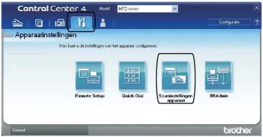 Control Center 4 Model MFD-xxxx Configure Apparaatinstellingen Hier kunt u de instellingen van het apparaat configurer. Remote Setup Quick-Dial Scaninstellingen apparaat BRAdmin Gered brother
