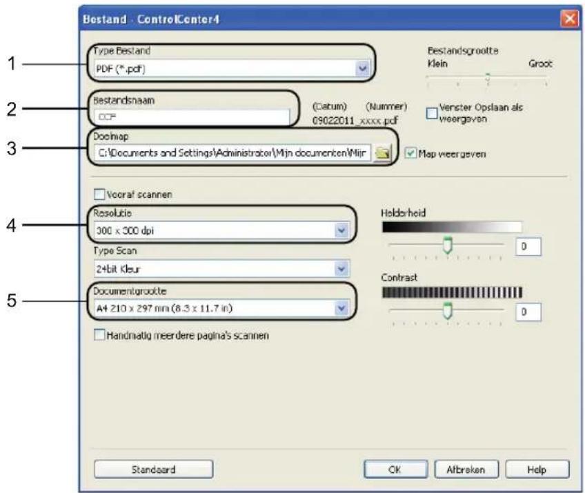 Bestand - ControlCenter4 1 Type Bestand PDF (*.pdf) 2 Bestandsnaam CCF (Catum) (Nummer) 09022011_xxxx.pdf 3 Dochniop C:\Documents and Settings\Administrator\Mijn documents\Mijr Bestandsgroote Klein Groot Verster Opslaan als veergaven Map weergaven 4 Voora# scannen Resoluble 300 x 300 dpi Type Scan 24bit Kleur 5 Documentgroote A+ 210 x 297 mm (8.3 x 11.7 in) Handmatig meerdere pagina's scannen Standards OK Afbroken Help
