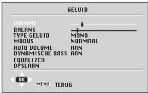 GELUID VOLUME BALANS TYPE GELUID MOND MODUS NORMAAL AUTO VOLUME AAN DYNAMISCHE BASS AAN EQUALIZER OPSLAAN OK MENU TERUG