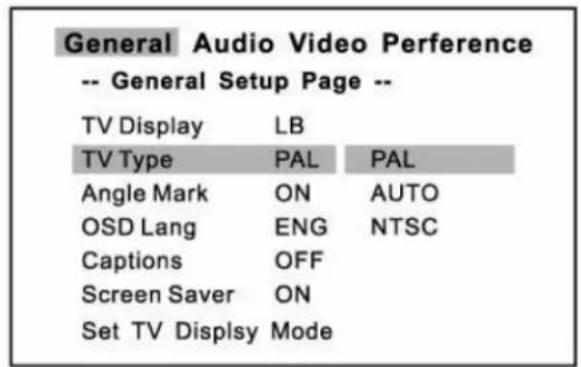 General Audio Video Perference -- General Setup Page -- TV Display LB TV Type PAL PAL Angle Mark ON AUTO OSD Lang ENG NTSC Captions OFF Screen Saver ON Set TV Disply Mode