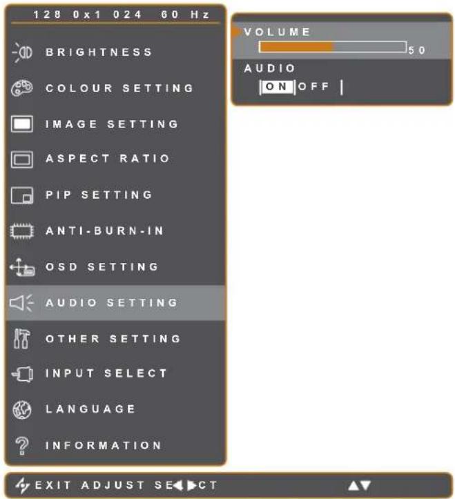 128 0x1 024 60 Hz BRIGHTNESS COLOUR SETTING IMAGE SETTING ASPECT RATIO PIP SETTING ANTI-BURN-IN OSD SETTING AUDIO SETTING OTHER SETTING INPUT SELECT LANGUAGE INFORMATION VOLUME 5.0 AUDIO ON OFF | EXIT ADJUST SECT
