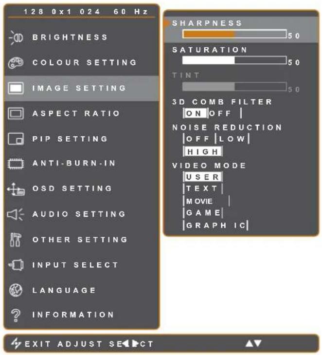 128 0x1 024 60 Hz BRIGHTNESS COLOUR SETTING IMAGE SETTING ASPECT RATIO PIP SETTING ANTI-BURN-IN OSD SETTING AUDIO SETTING OTHER SETTING INPUT SELECT LANGUAGE INFORMATION SHARPNESS 50 SATURATION 50 TINT 50 3D COMB FILTER ON OFF | NOISE REDUCTION OFF LOW | HIGH VIDEO MODE USER TEXT MOVIE GAME GRAPHIC…