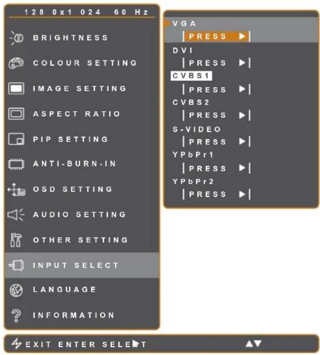 128 0x1 024 60 Hz BRIGHTNESS COLOUR SETTING IMAGE SETTING ASPECT RATIO PIP SETTING ANTI-BURN-IN OSD SETTING AUDIO SETTING OTHER SETTING INPUT SELECT LANGUAGE INFORMATION VGA PRESS DVI PRESS CVBS1 PRESS CVBS2 PRESS S-VIDEO PRESS YPbPr1 PRESS YPbPr2 PRESS EXIT ENTER SELECT