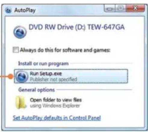 AutoPlay DVD RW Drive (D:) TEW-647GA Always do this for software and games: Install or run program Run Setup.exe Publisher not specified General options Open folder to view files using Windows Explorer Set AutoPlay defaults in Control Panel