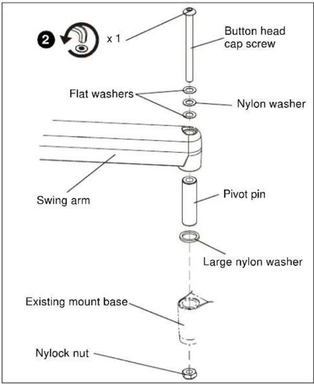 Button head cap screw x 1 Flat washers Nylon washer Swing arm Pivot pin Large nylon washer Existing mount base Nylock nut