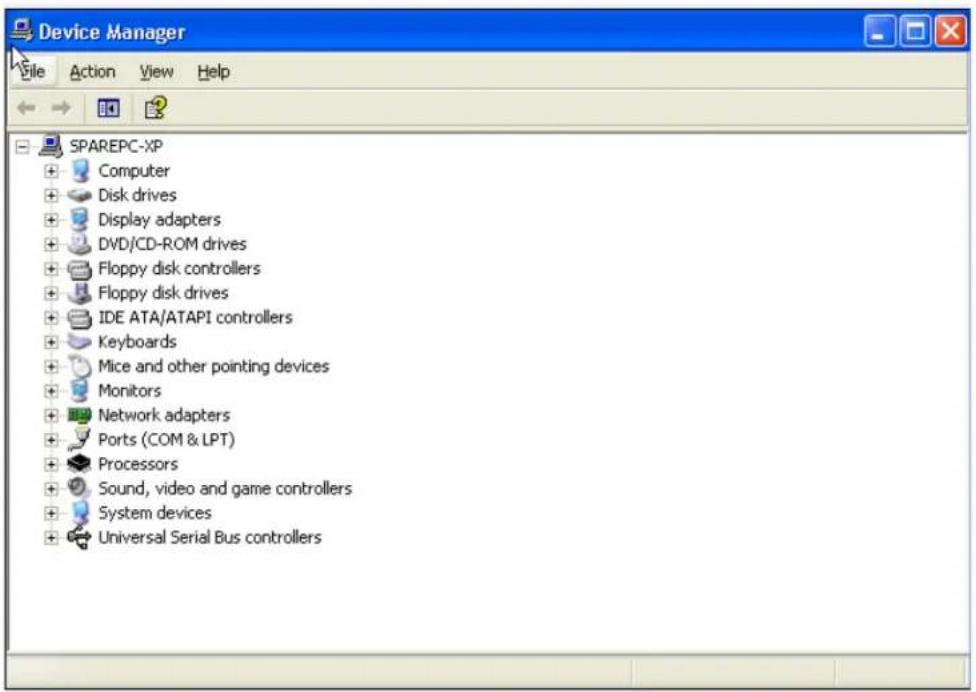 Device Manager File Action View Help SPAREPC-XP + Computer + Disk drives + Display adapters + DVD/CD-ROM drives + Floppy disk controllers + Floppy disk drives + IDE ATA/ATAPI controllers + Keyboards + Mice and other pointing devices + Monitors + Network adapters + Ports (COM & LPT) + Processors + Sound, video and game controllers + System devices + Universal Serial Bus controllers