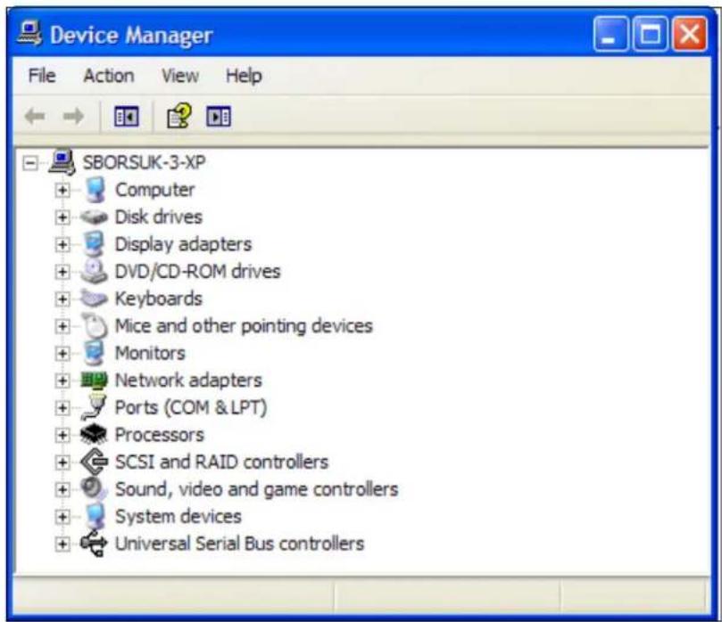 Device Manager File Action View Help SBORSUK-3-XP + Computer + Disk drives + Display adapters + DVD/CD-ROM drives + Keyboards + Mice and other pointing devices + Monitors + Network adapters + Ports (COM & LPT) + Processors + SCSI and RAID controllers + Sound, video and game controllers + System devices + Universal Serial Bus controllers