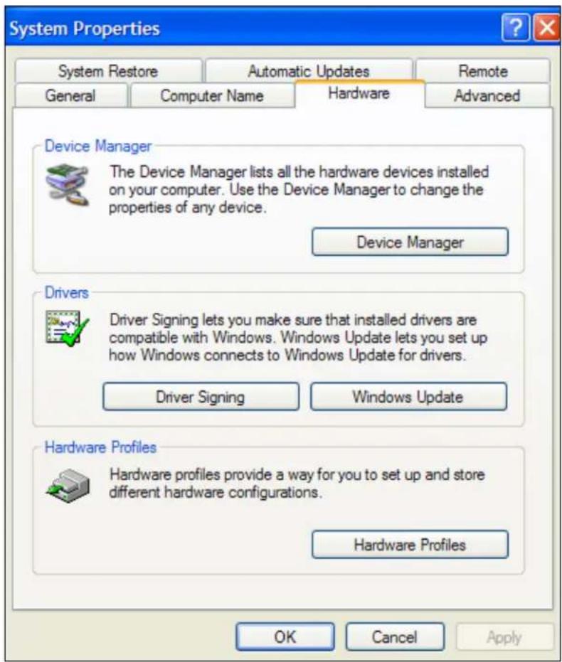 System Properties System Restore Automatic Updates Remote General Computer Name Hardware Advanced Device Manager The Device Manager lists all the hardware devices installed on your computer. Use the Device Manager to change the properties of any device. Device Manager Drivers Driver Signing lets you make sure that installed drivers are compatible with Windows. Windows Update lets you set up how Windows connects to Windows Update for drivers. Driver Signing Windows Update Hardware Profiles Hardware profiles provide a way for you to set up and store different hardware configurations. Hardware Profiles OK Cancel Apply