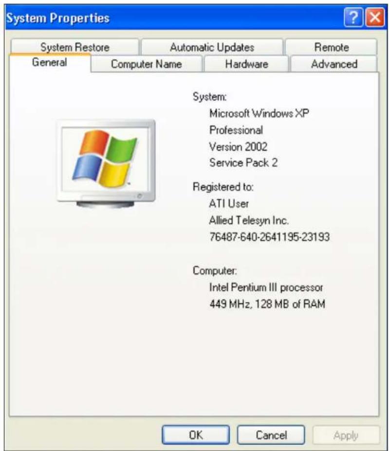 System Properties System Restore Automatic Updates Remote General Computer Name Hardware Advanced System: Microsoft Windows XP Professional Version 2002 Service Pack 2 Registered to: ATI User Allied Telesyn Inc. 76487-640-2641195-23193 Computer: Intel Pentium III processor 449 MHz, 128 MB of RAM OK Cancel Apply