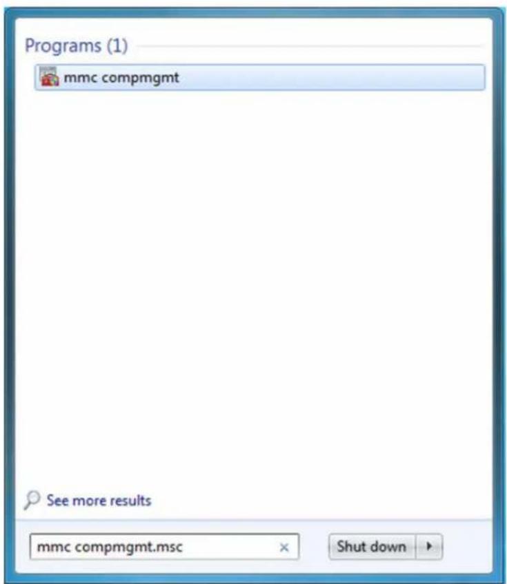 Programs (1) mmc compmgmt See more results mmc compmgmt.msc Shut down