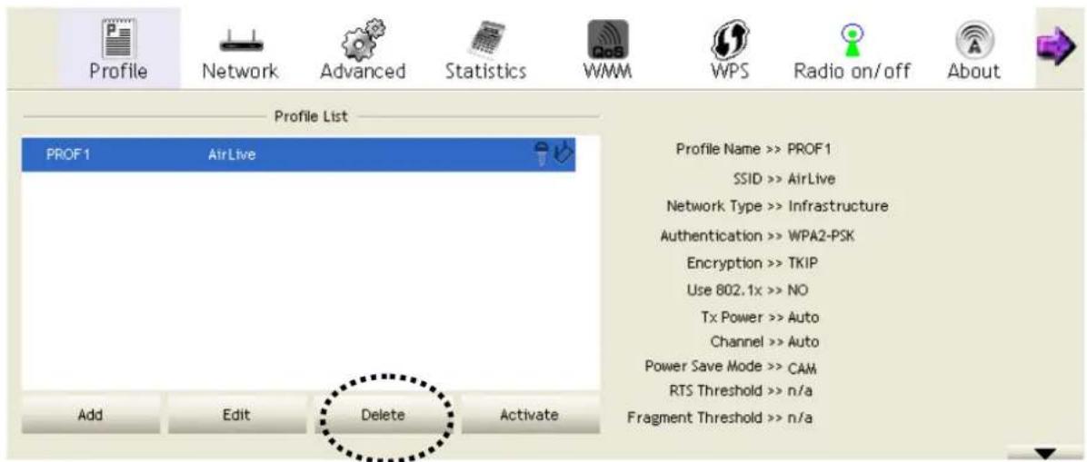 AIRLIVE WN-360USB - Delete an existing profile - 1