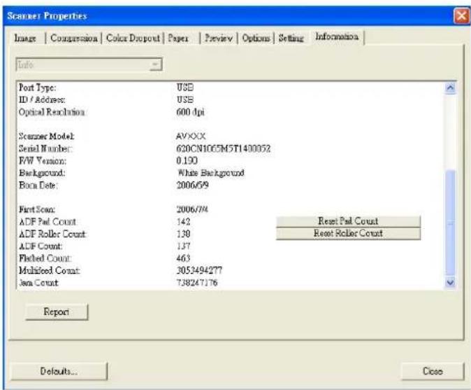 Scanner Properties Image | Compression | Color Dropout | Paper | Preview | Options | Setting | Information | Info Port Type: USB ID / Address: USB Optical Resolution 600 dpi Scanner Model: AVXXX Serial Number: 620CN1005M5T1400052 F/W Version: 0.190 Background: White Background Book Date: 2006/5/9 Po…