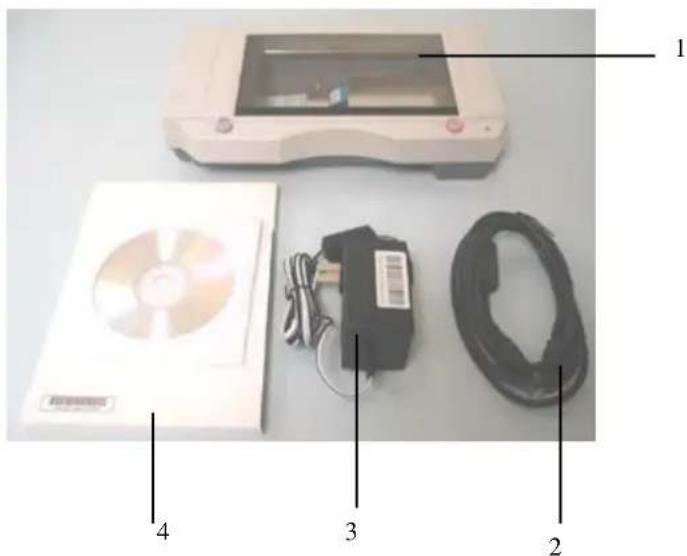 Labeled photo of electronic devices including CD, DVD, and cable components with numbered annotations