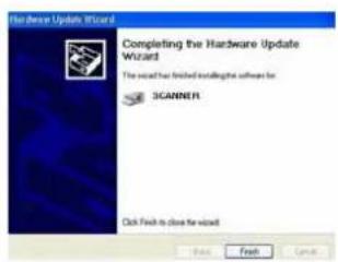 Hardware Update Wizard Completing the Hardware Update Wizard The wizard has limited debugging software for 3CANNER1 Click Finish to close the wizard OK Finish Cancel