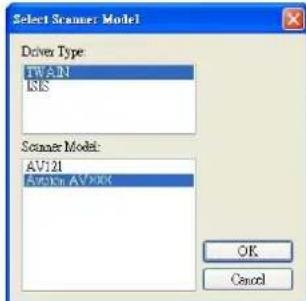 Select Scanner Model Driver Type: TWIN IRIS Scanner Model: AV121 AV000 AV000 OK Cancel