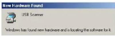 New Hardware Found USB Scanner Windows has found new hardware and is locating the software for it.
