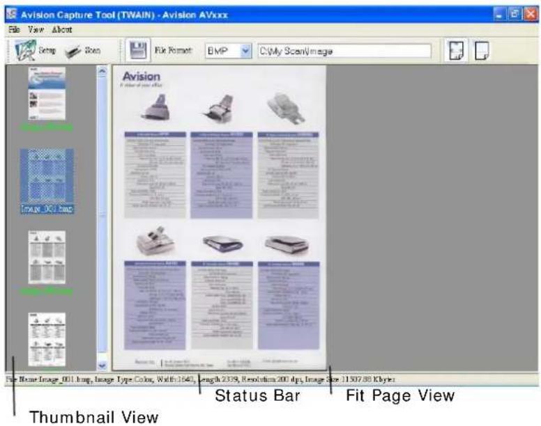 Avision Capture Tool (TWAIN) - Avision AVxxx File View About Setup Show File Format BMP C:\My Scan\Image Avision A visor of your effect Image 001.bmp Status Bar Fit Page View Thumbnail View