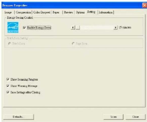 Scanner Properties Image | Comparison | Color Dropouts | Paper | Preview | Options | Setting | Information | Energy Saving Control ✓ Backie Energy Saving 15 minutes Backies Saving ✓ Backies ✓ Pages Form ✓ Show Scanning Progress ✓ Show Warning Message ✓ Save Settings after Closing Defaults... Scan Cl…